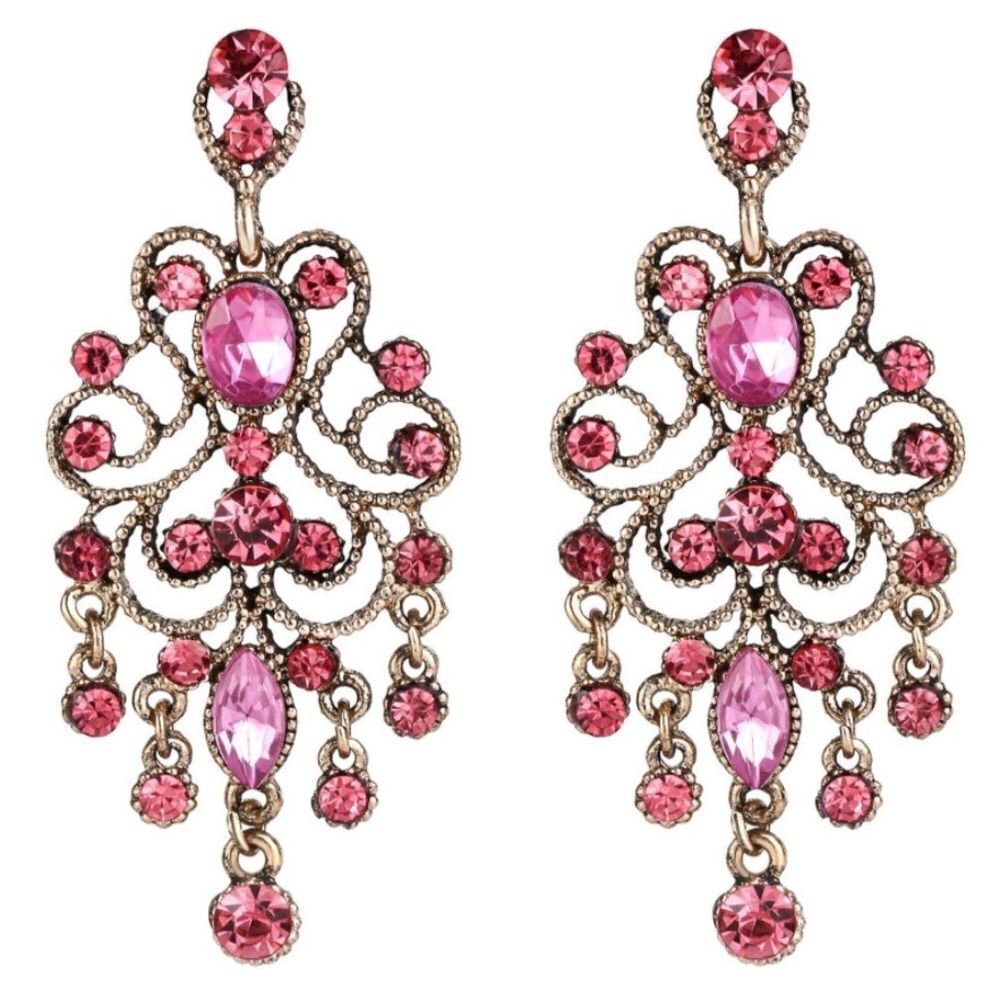 Yellow Gold with Pink Sapphire Austrian Crystal Banquet Chandelier Post Earrings